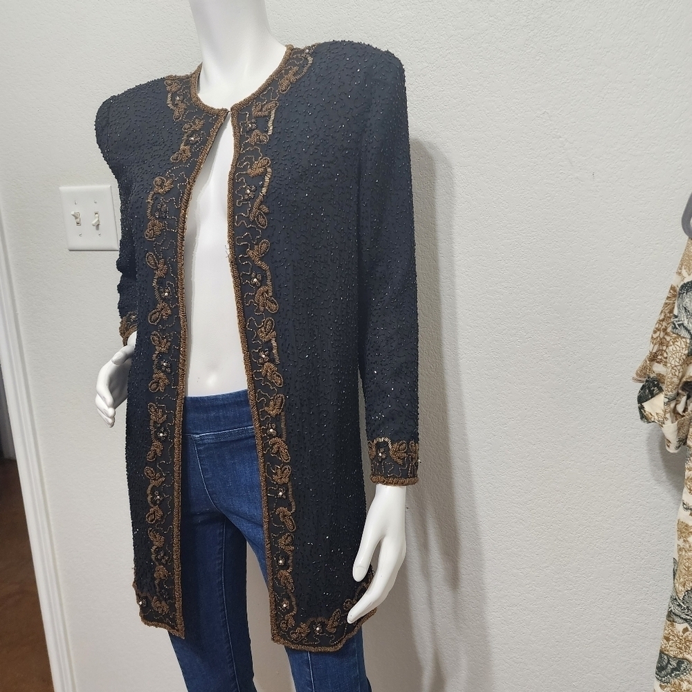 Vintage Scala Black Silk Beaded Long Evening Jacket Size M - Picture 12 of 12